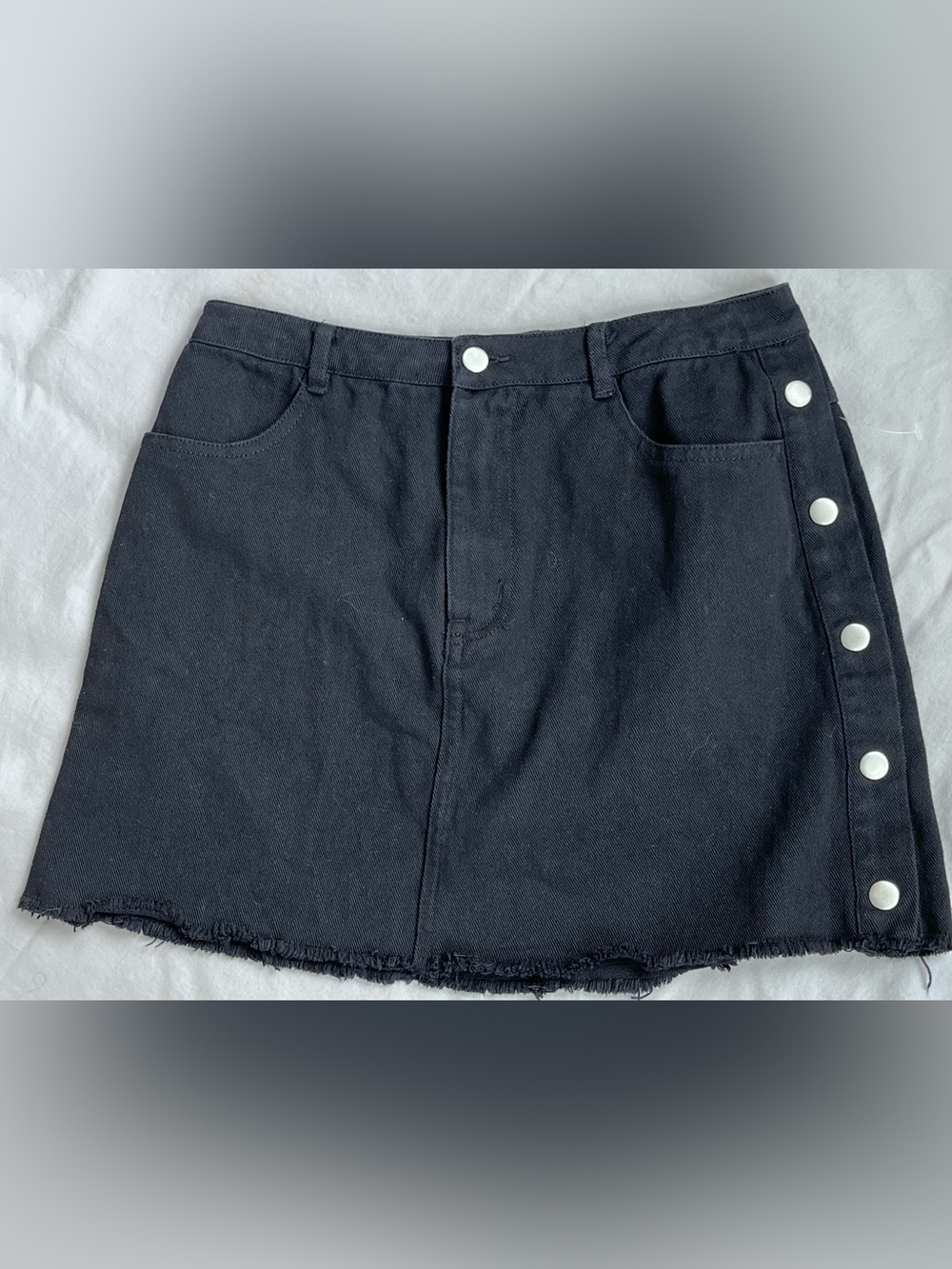 Lulu's Black Denim Mini Ty Skirt with Frayed Hem